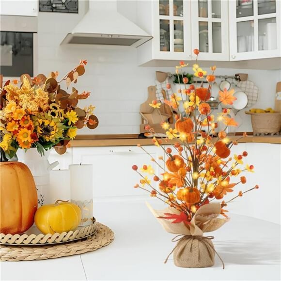 Fall Decor, 18 Inch Artificial Red Berry Maple Leaf Pumpkin Tree Tabletop - Picture 6 of 7
